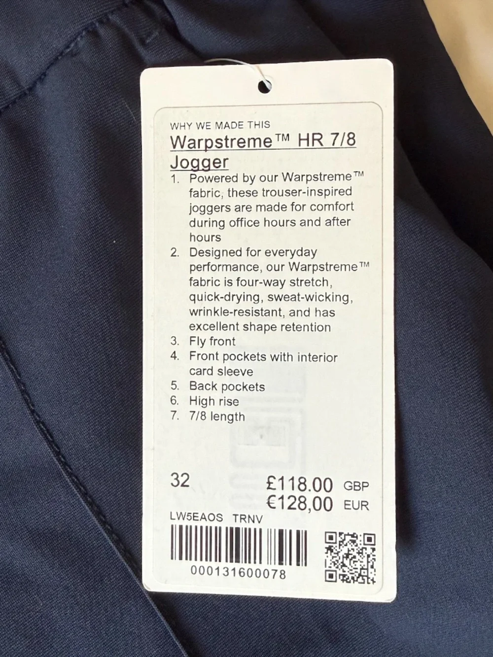 LULULEMON WARPSTREME HIGH-RISE 7/8 JOGGERS TRUE NAVY SIZE 32 NWT